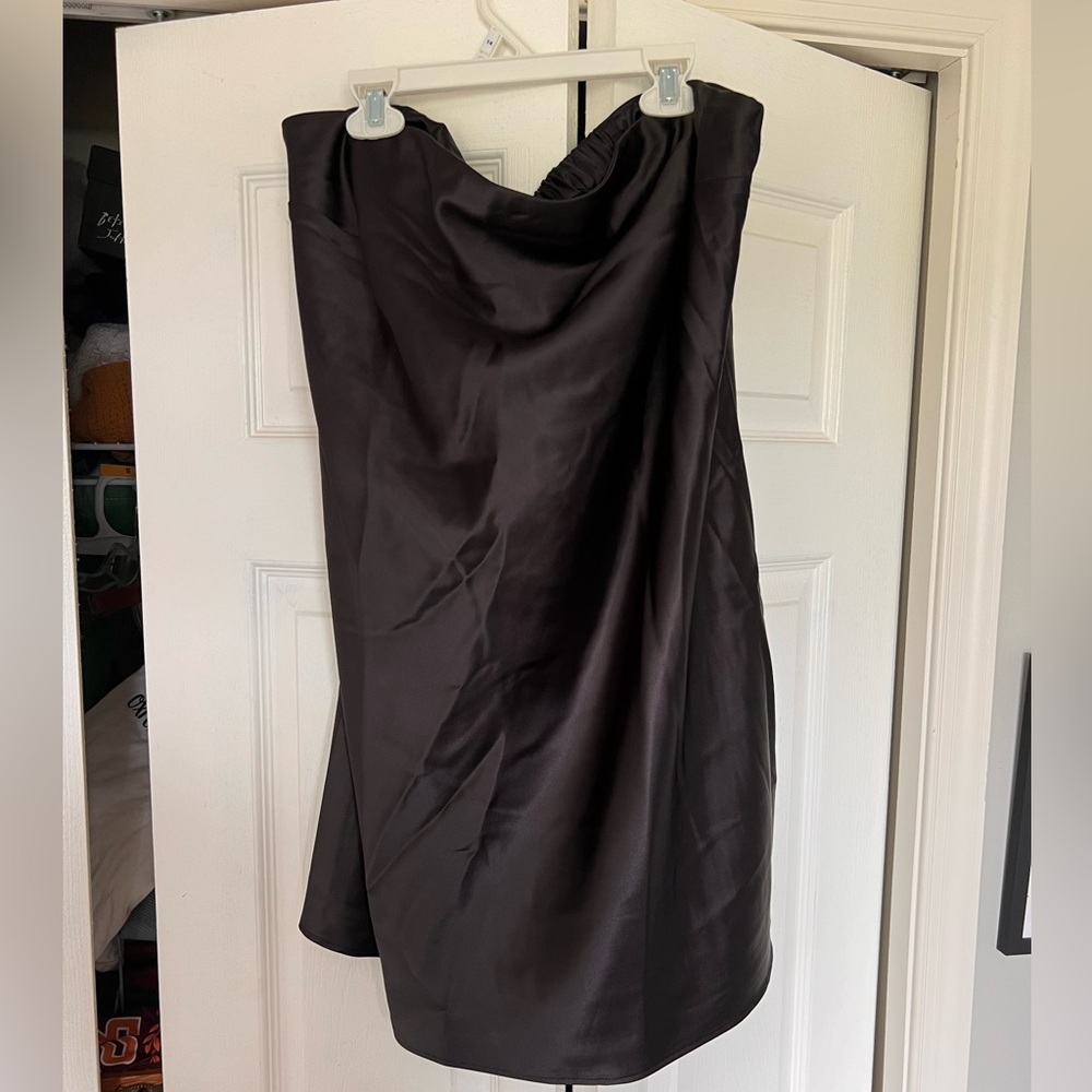 Strapless satin black mini dress
